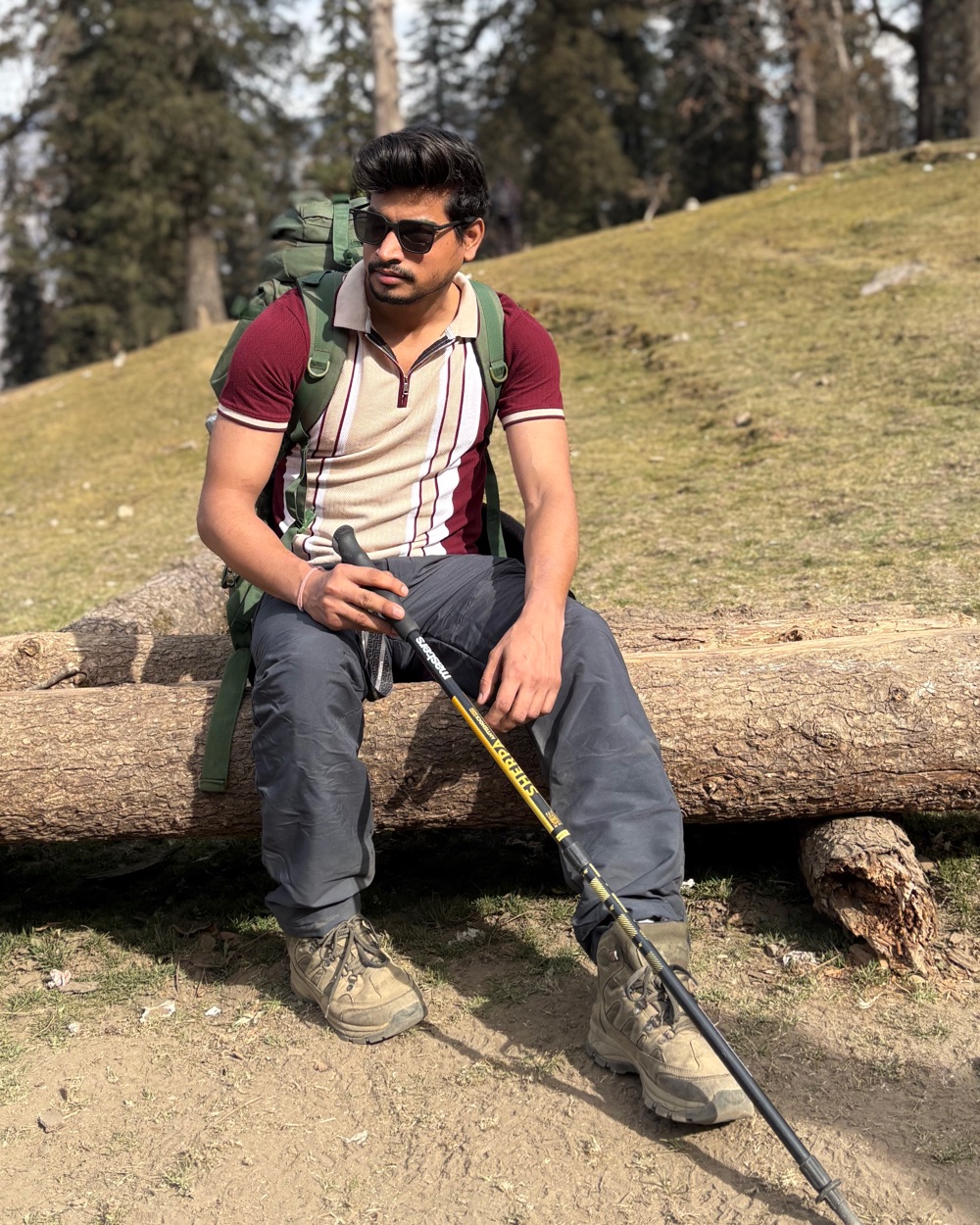 Lalit Patel sitting on a log on a mountain trail